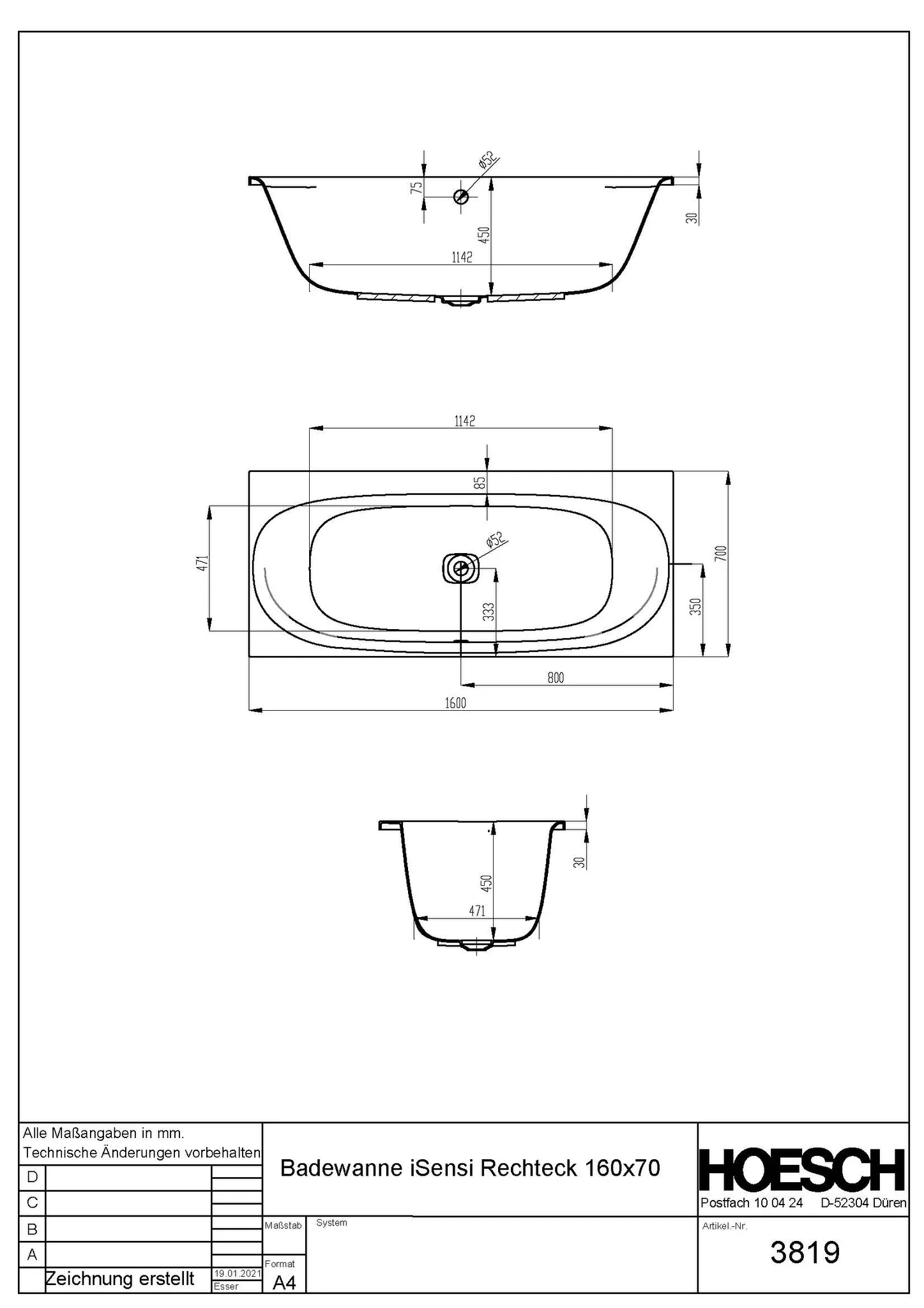 Hoesch Badewanne „iSensi“ rechteck 1600 × 700 mm