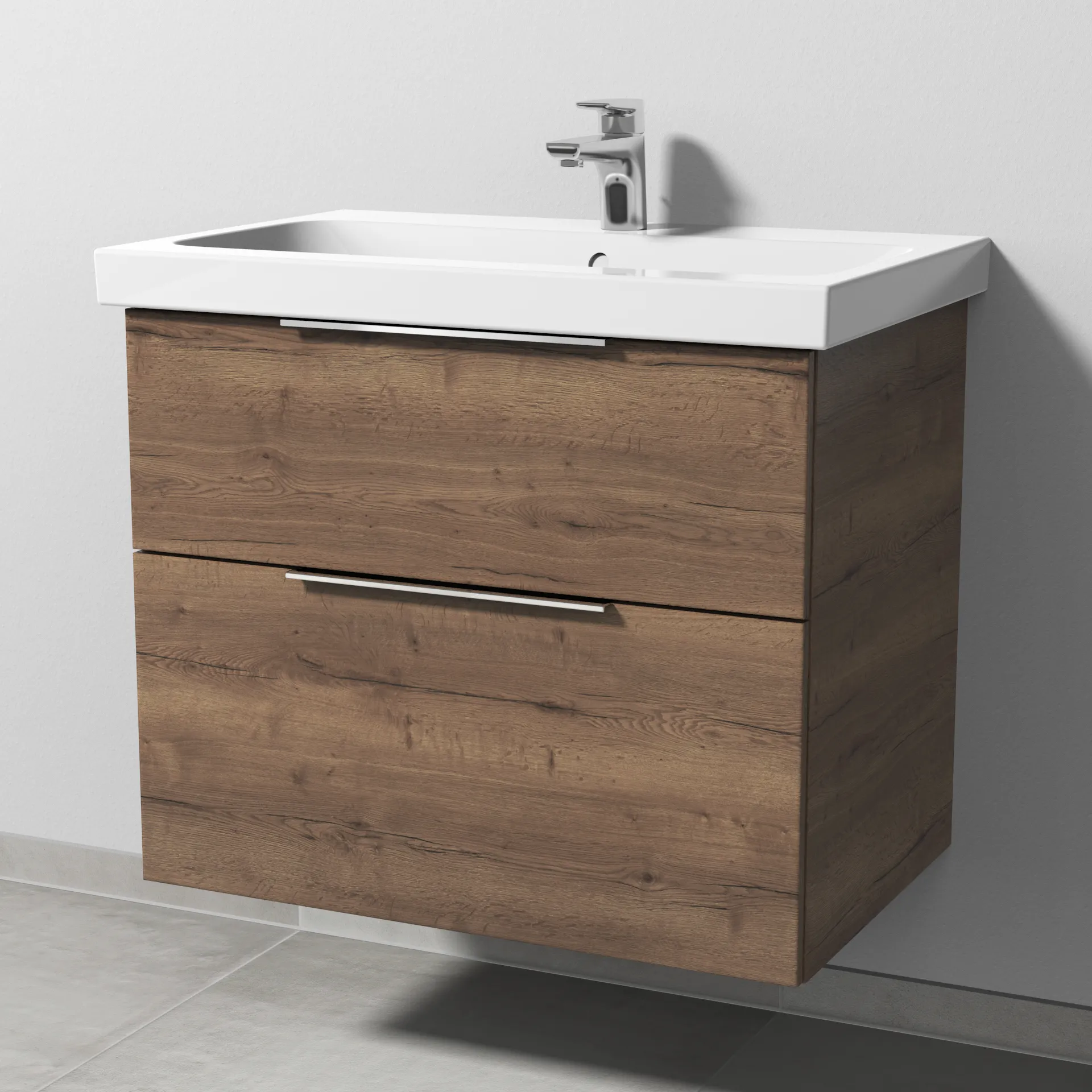 Sanipa Waschtischunterschrank „3way“ passend zu Keramik-Waschtische iCon Light von Geberit 700 × 591 × 462 mm in Eiche Tabak, Becken mittig, mit