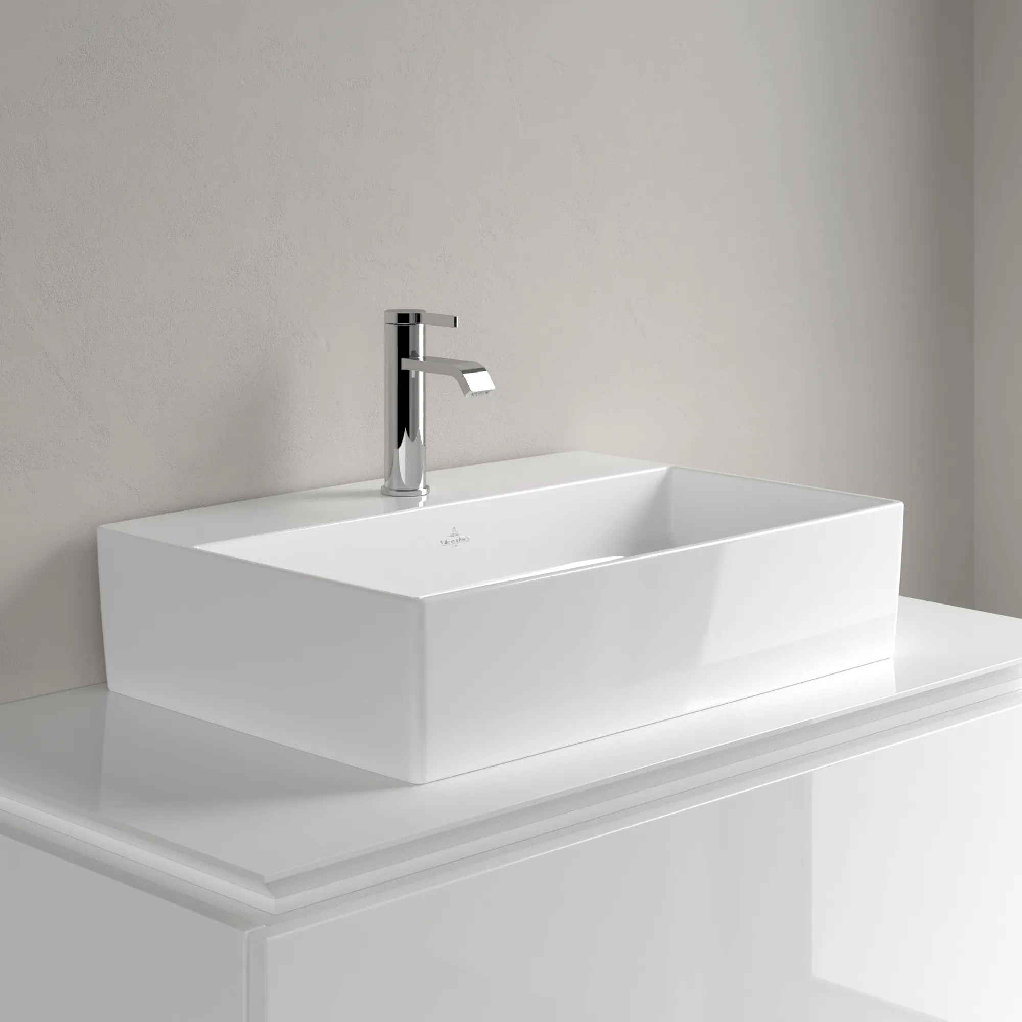 Villeroy & Boch Aufsatzwaschtisch aus TitanCeram „Memento 2.0“ 600 × 420 × 140 mm, mit Hahnlochbohrung, Hahnlochposition mittig in Weiß Alpin