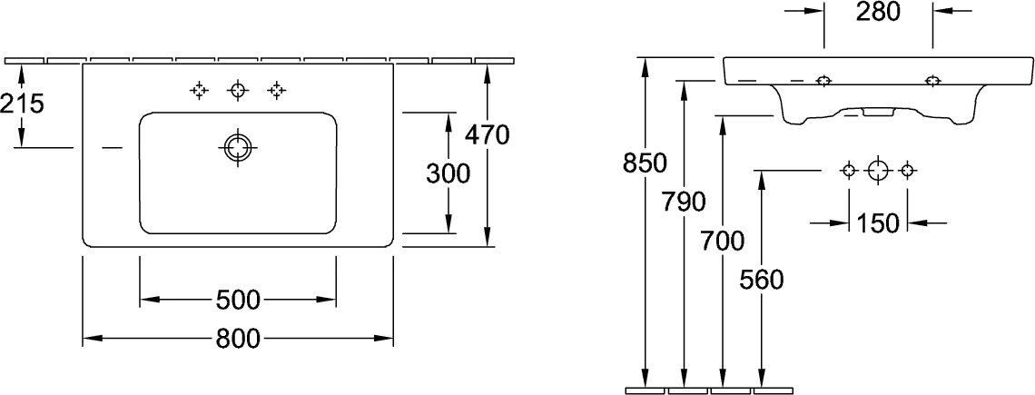 Wandwaschtisch geschliffen „Subway 2.0“ 80 × 47,5 × 17,5 cm, mit Hahnlochbohrung, Hahnlochposition mittig, mit Hahnlochbank