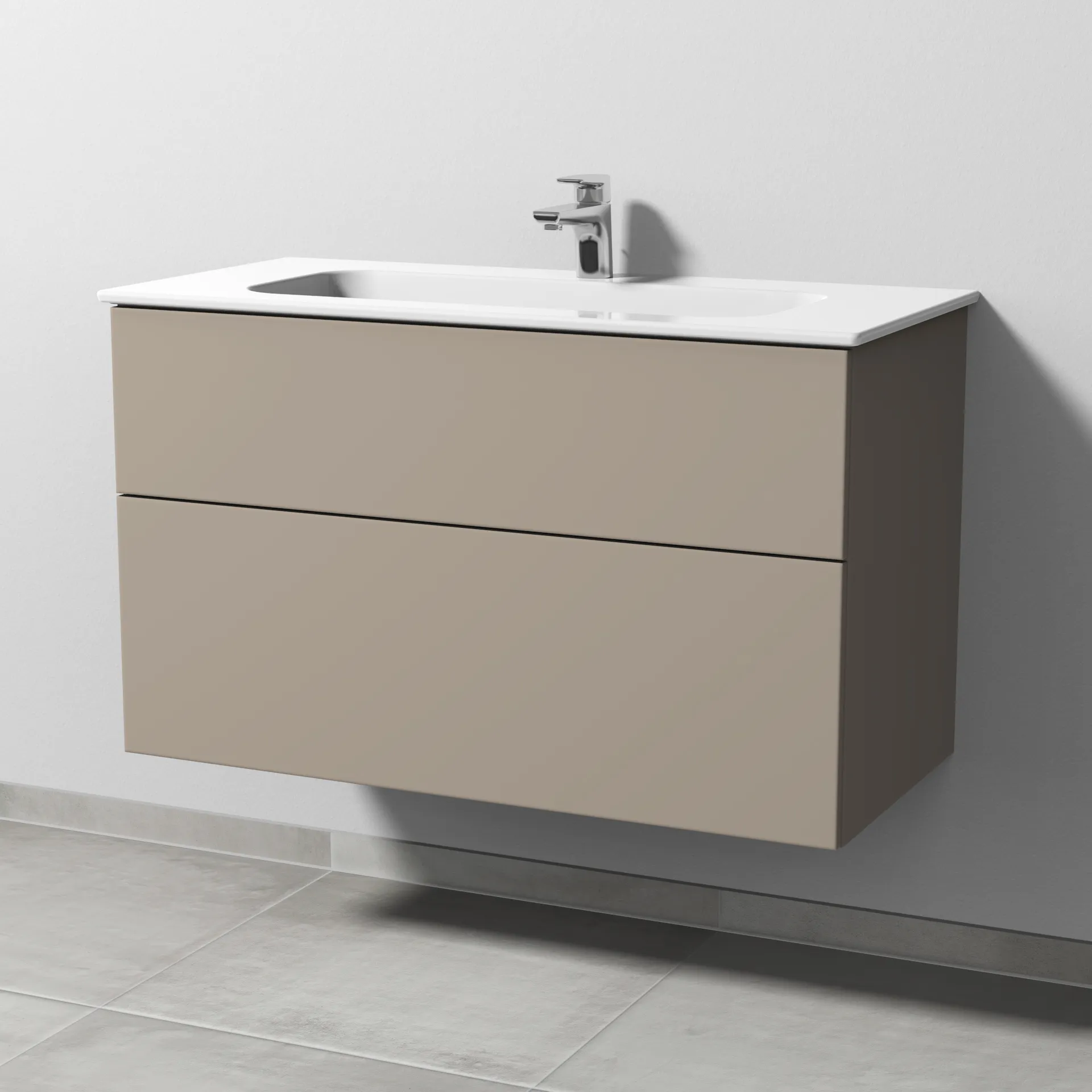Keramik-Waschtisch-Set mit Waschtischunterschrank „3way“ 97 × 46 × 58,2 cm in Sandgrau (matt), mit Hahnlochbohrung, Becken mittig