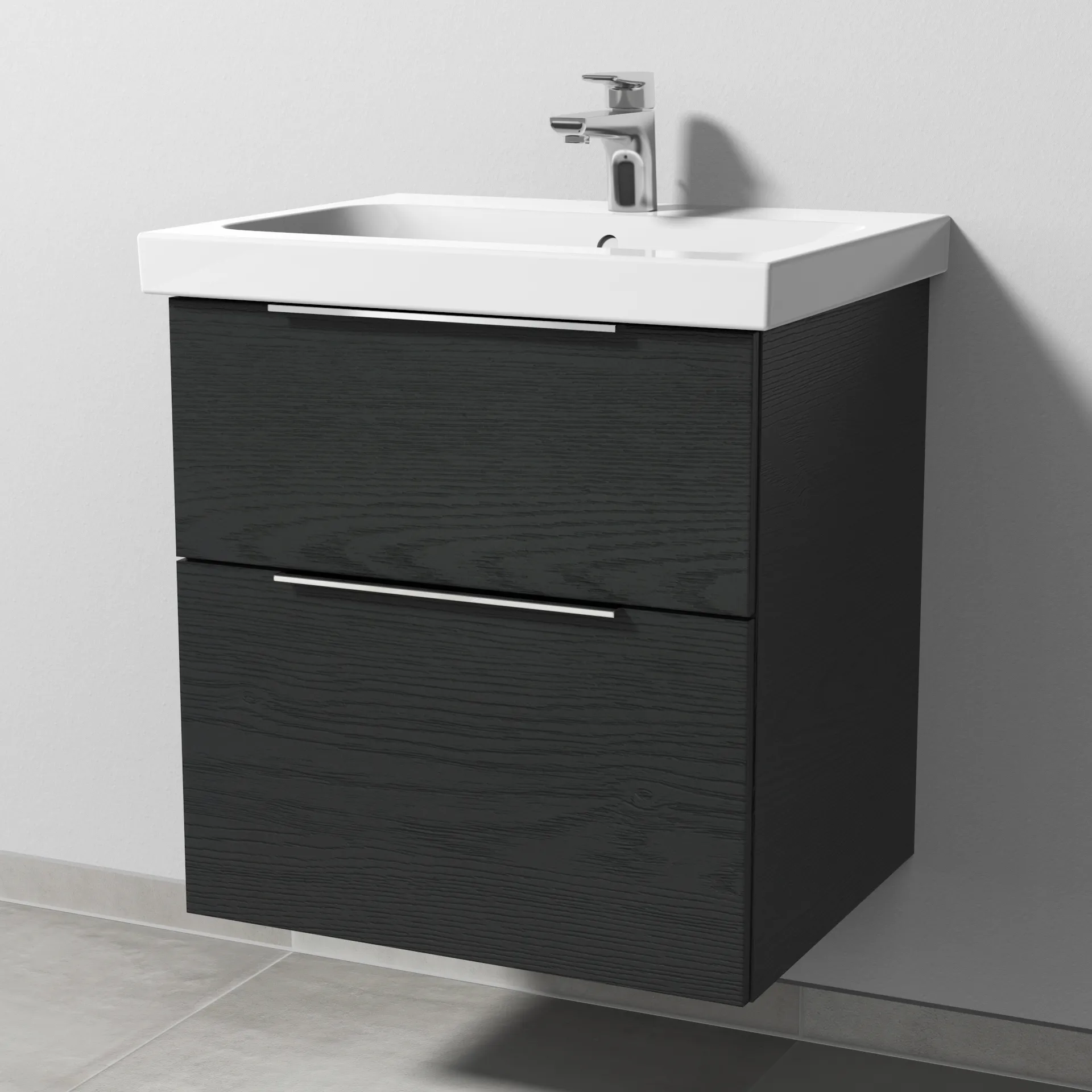 Sanipa Waschtischunterschrank „3way“ passend zu Keramik-Waschtische iCon Light von Geberit 560 × 591 × 462 mm in Black Oak, Becken mittig, mit