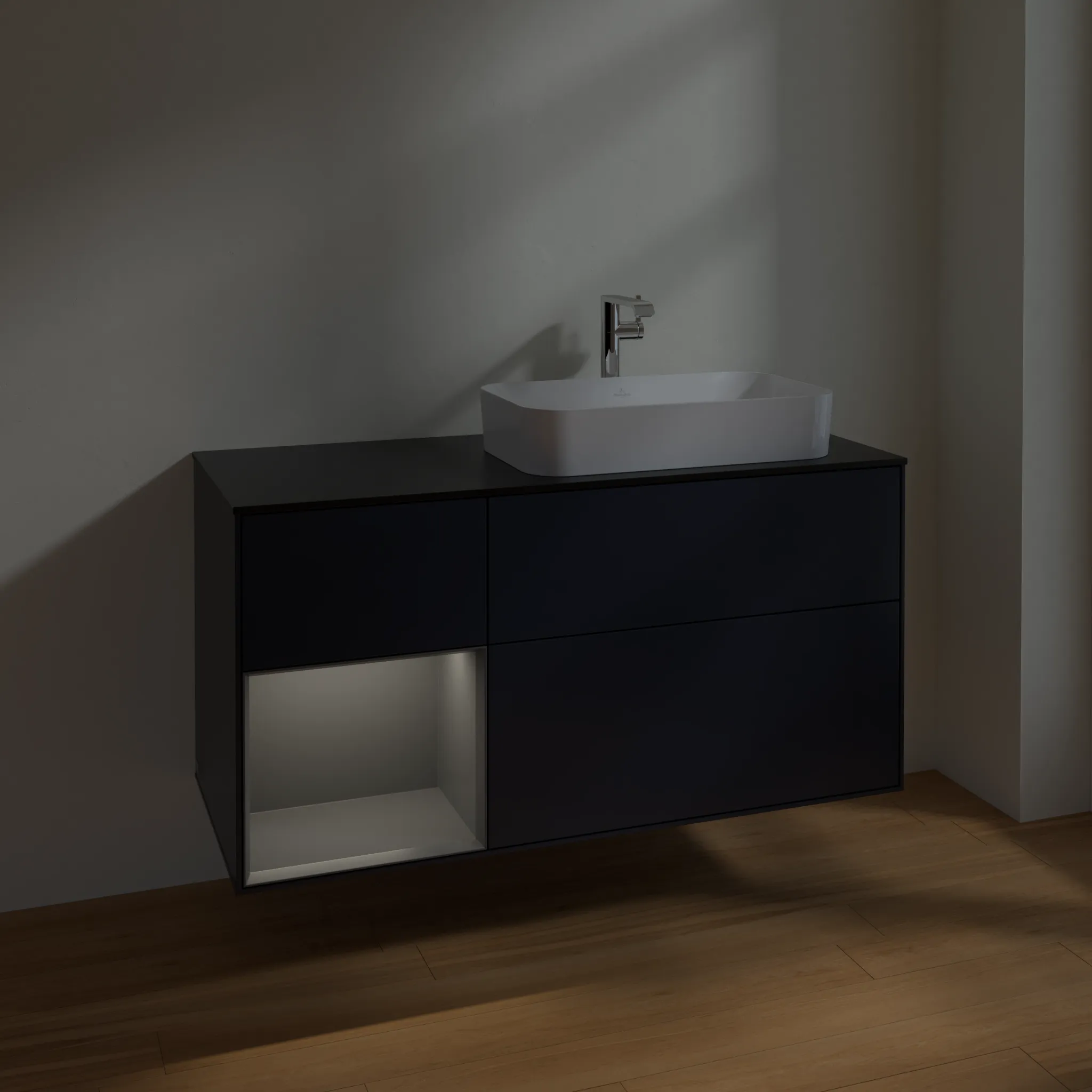 Villeroy & Boch Waschtischunterschrank „Finion“ für Schrankwaschtisch 1200 × 603 × 501 mm Midnight Blue Matt Lacquer, mit Hahnlochbohrung, für Becken rechts Villeroy & Boch Waschtischunterschrank „Finion“ für Schrankwaschtisch 1200 × 603 × 501 mm Midnight Blue Matt Lacquer, mit Hahnlochbohrung, für Becken rechts