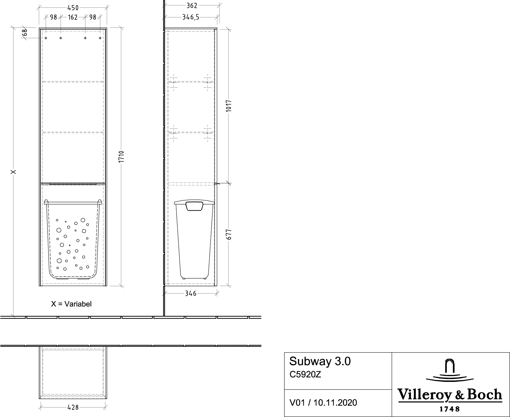 Villeroy & Boch Hochschrank mit Wäschekorb-Klappe „Subway 3.0“ 45 × 171 × 36,2 × 36,2 cm 1 Tür, 1 Wäscheklappe, 1 × fixer Fachboden, Anschlag: links, 2 × Glasfachboden, 1 Tür, Anschlag links