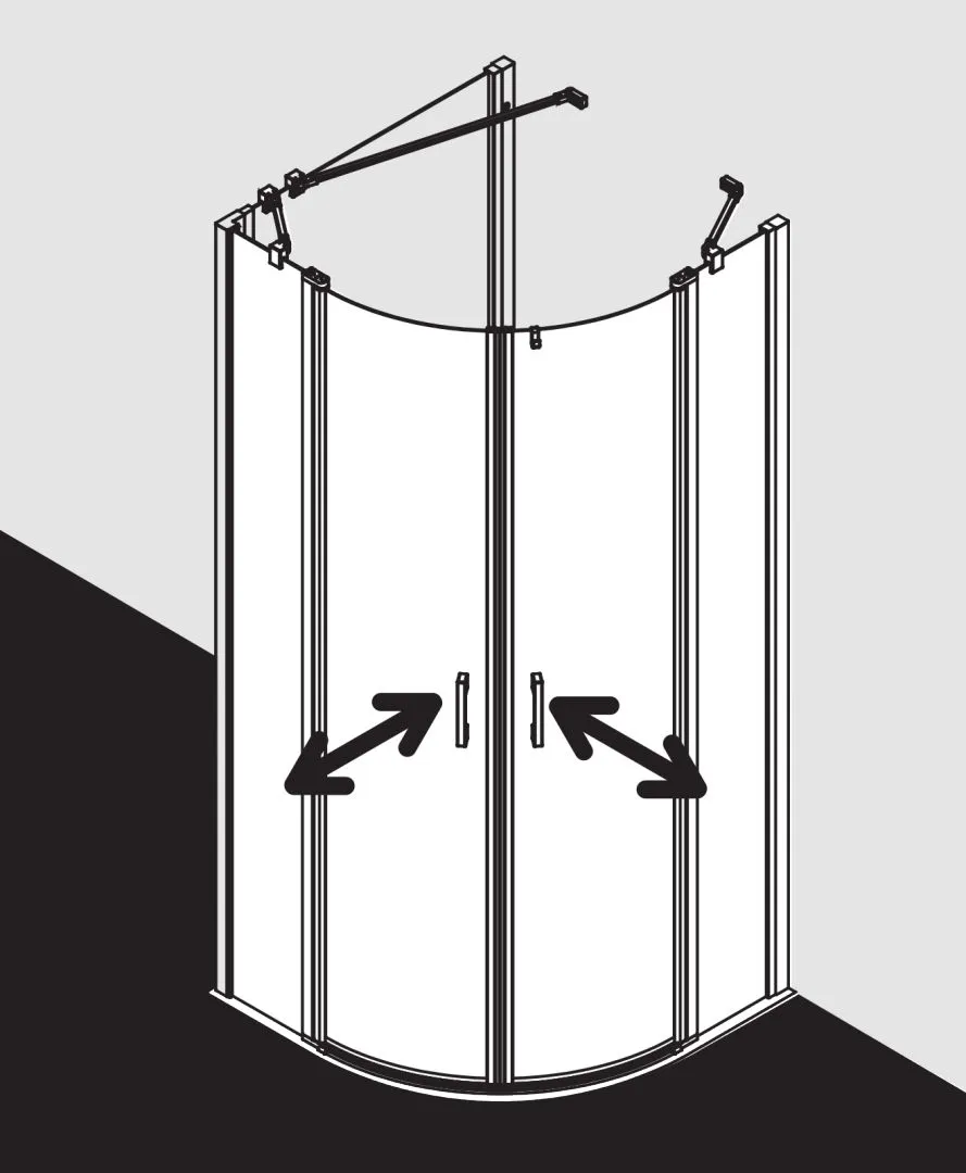 Kermi Duschtür Viertelkreis-Duschkabine Pendeltüren mit Festfeldern für Nische und Ecke „LIGA“ 185 cm Glas Klar, Profile Silber Hochglanz, Drehtür zweiteilig