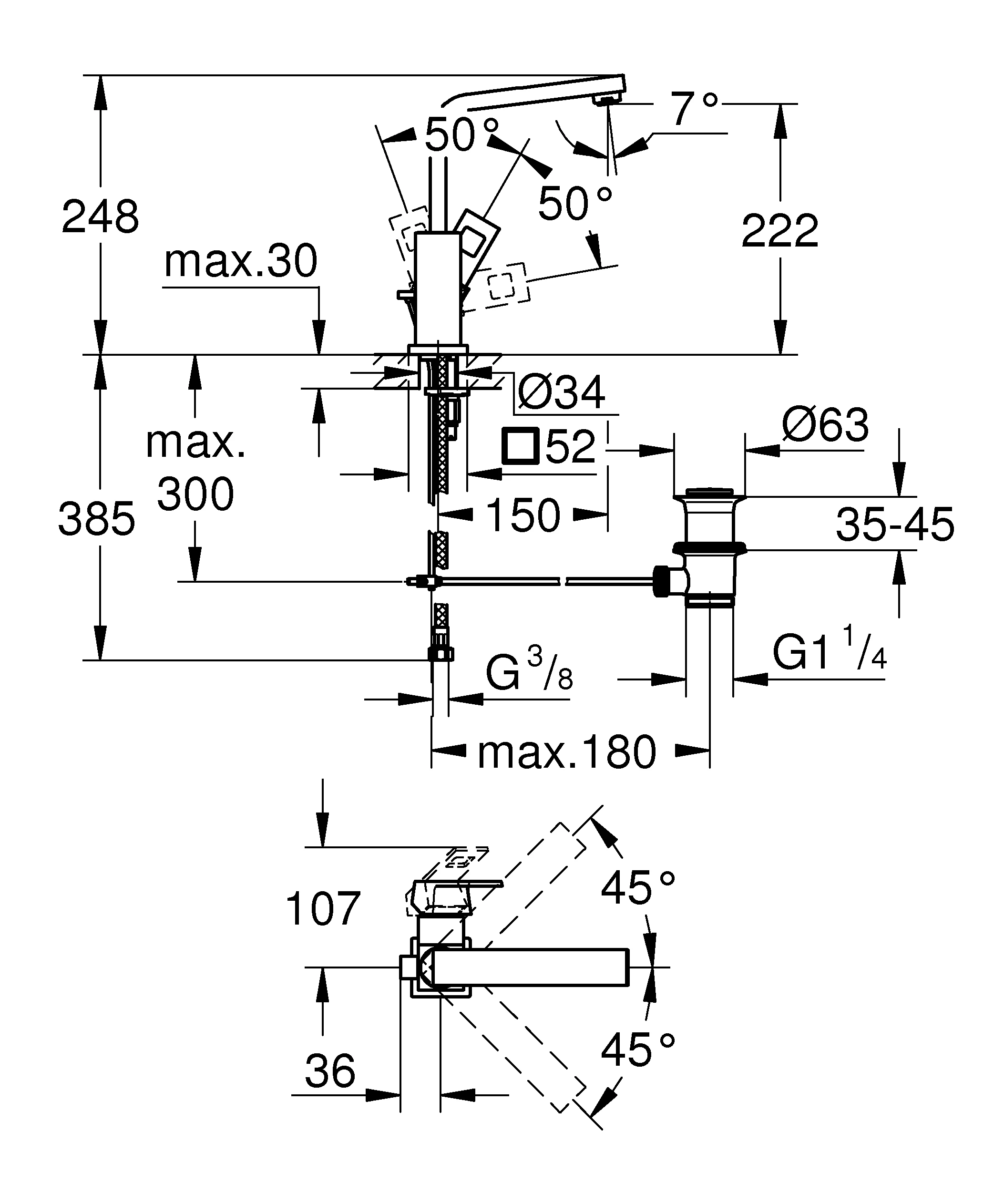 Einhand-Waschtischbatterie Eurocube 23135, L-Size, Einlochmontage, schwenkbarer Rohrauslauf, Zugstangen-Ablaufgarnitur 1 1/4'', chrom