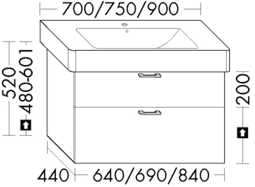 Waschtischunterschrank Sys30 von burgbad - 440 mm tief, 640 mm breit, 520 mm hoch, mit 1 Schublade oben und 1 Auszug unten