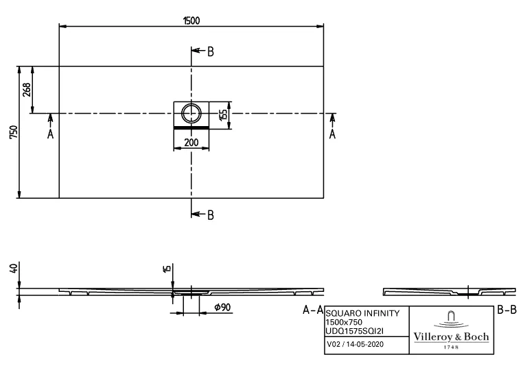 Villeroy & Boch rechteck Duschwanne „Squaro Infinity“ nur flächenbündige Installation 150 × 75 cm in Stone White