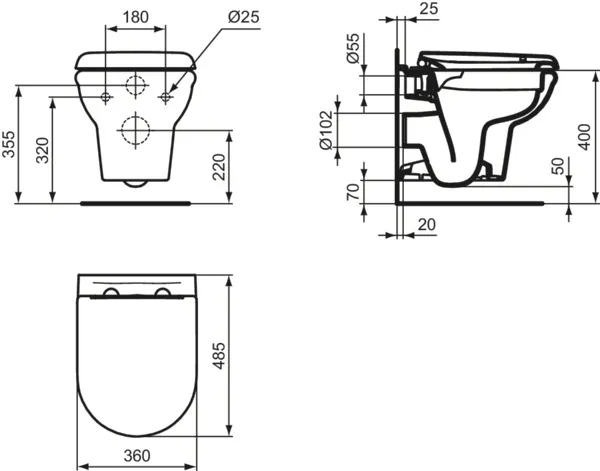 Wand-WC-Kombipaket Exacto, ohne Spülrand, mit Softclosing, 355x480x350mm, Weiß