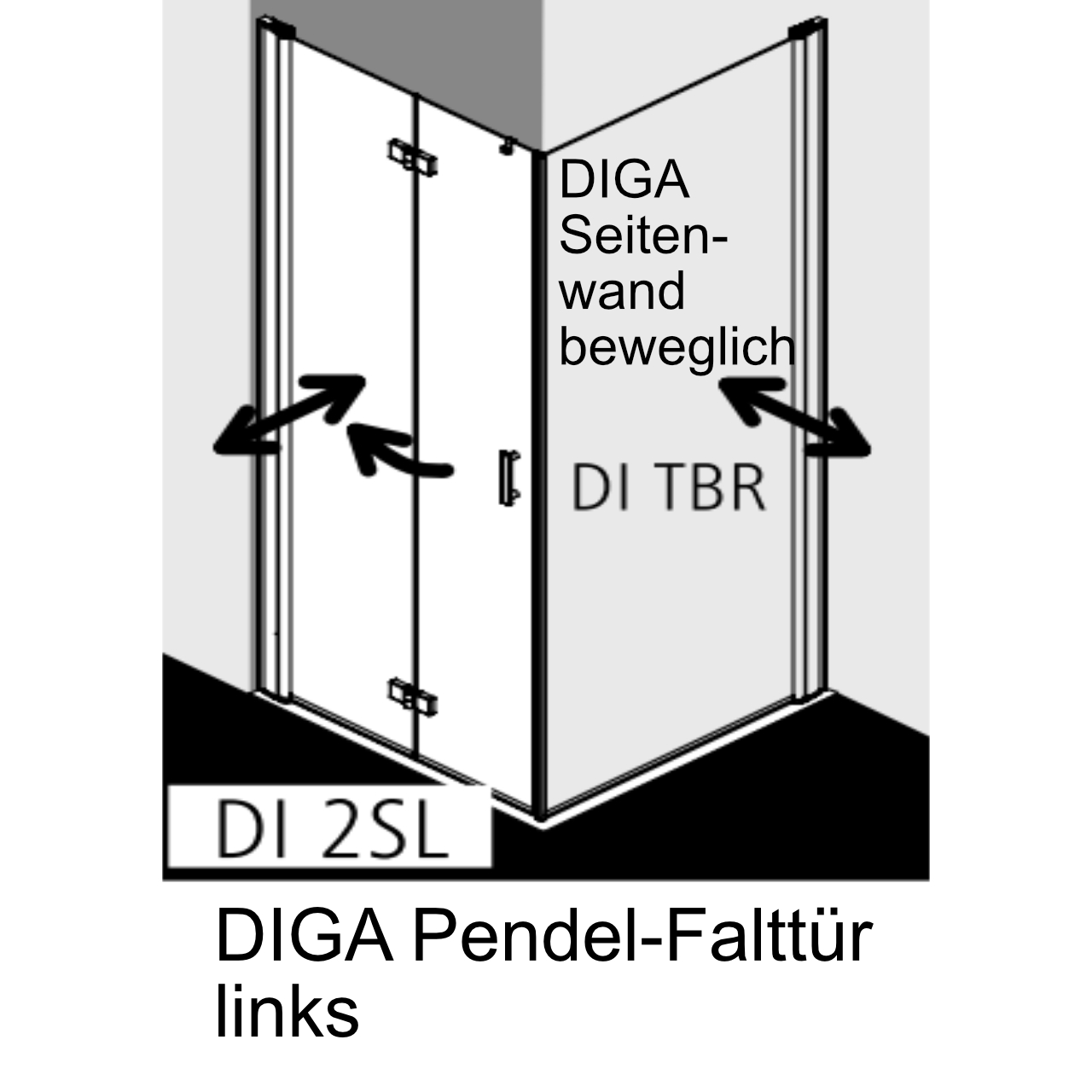 Kermi Pendel-Falttür links „Diga“ Glas Klar, Falttür BV: 680 - 700 mm GAK: 665 - 685 mm WE: 690 - 710 mm H: 1850 mm