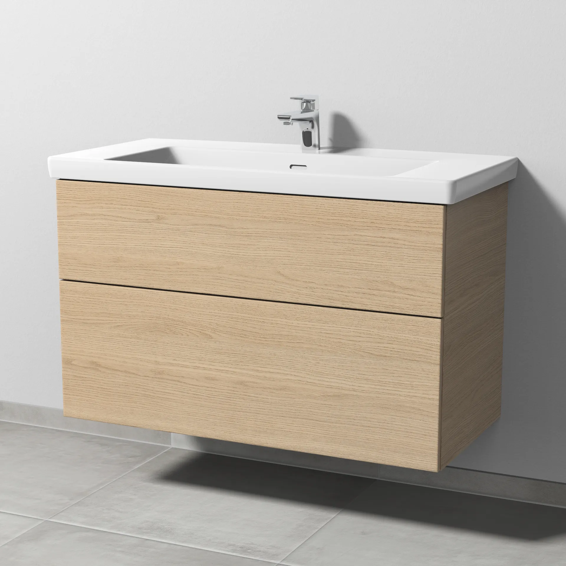 Sanipa Waschtischunterschrank „3way“ 955 × 588 × 462 mm in Eiche Nordic, Becken mittig, mit Hahnlochbohrung