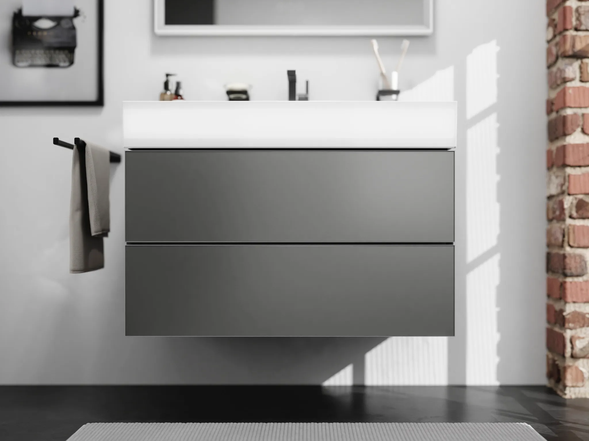 Xevolos E Waschtischunterschrank Schiefergrau Matt 980/475 mit 2 Schubkästen für Waschtisch Bronze Struktur