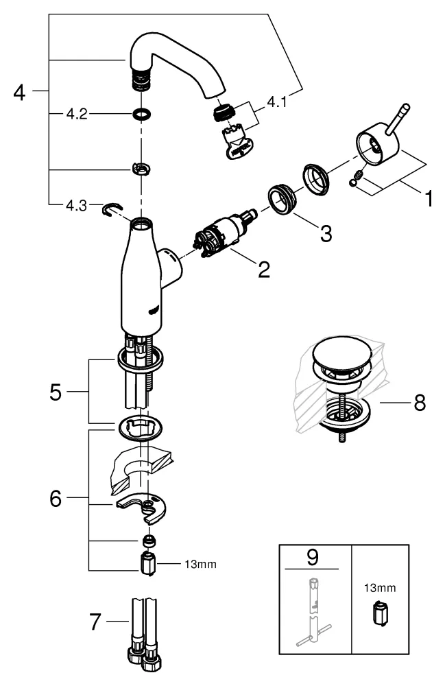 Einhand-Waschtischbatterie Essence 24181_1, M-Size, Einlochmontage, glatter Körper, Push-open Ablaufgarnitur 1 1/4'', chrom