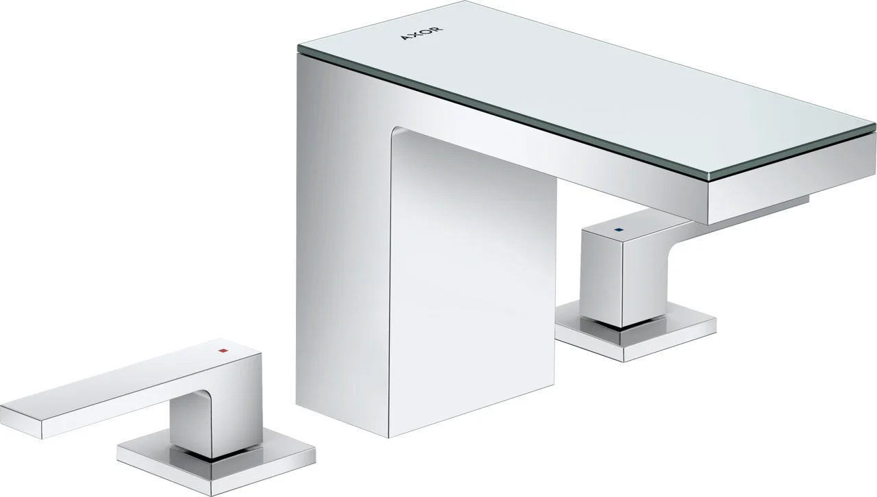 Hansgrohe AXOR MyEdition 3-Loch Waschtischarmatur in Chrom/Spiegelglas, ComfortZone 110, Ausladung 150 mm, Auslaufhöhe 109 mm, Hebelgriff, PowderRain Strahlart, max. Durchfluss 5 l/min, Push-Open Ablaufgarnitur G 11/4, Anschluss DN15