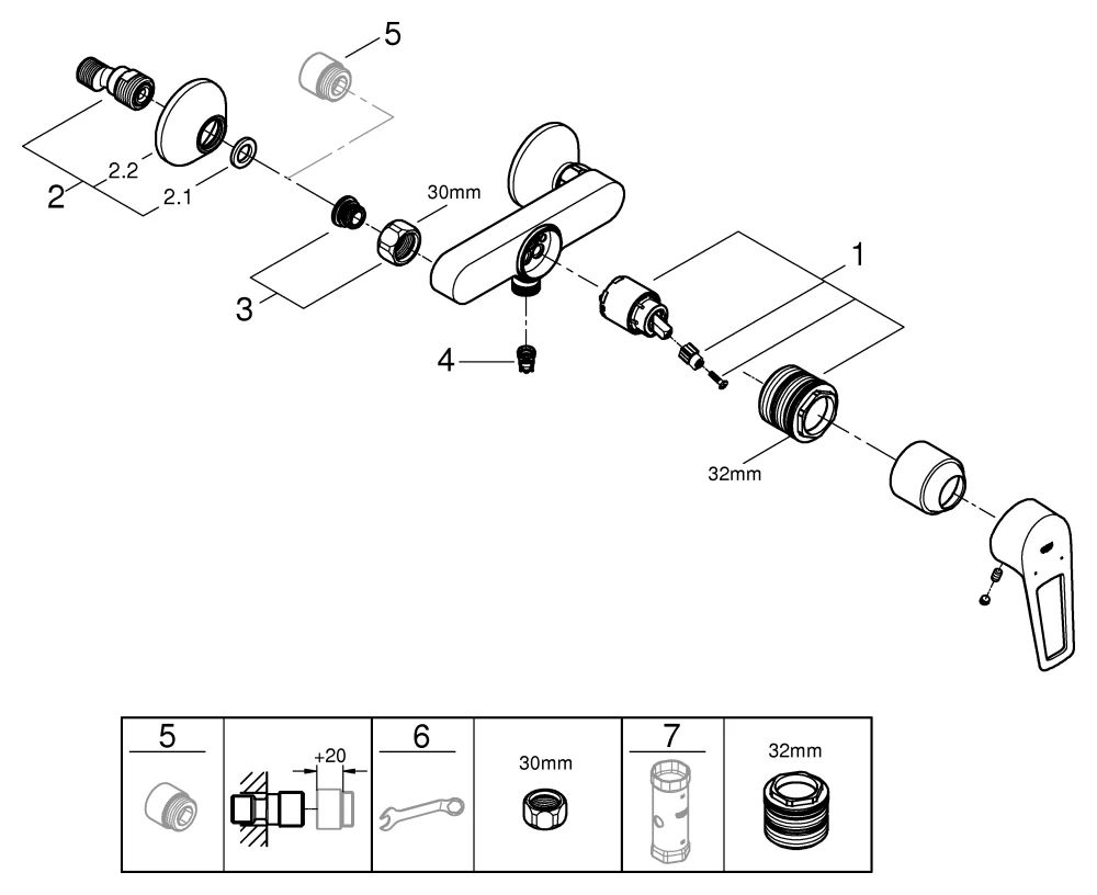 Einhand-Brausebatterie BauLoop 23633_1, Wandmontage, mit Temperaturbegrenzer, S-Anschlüsse, eigensicher, chrom