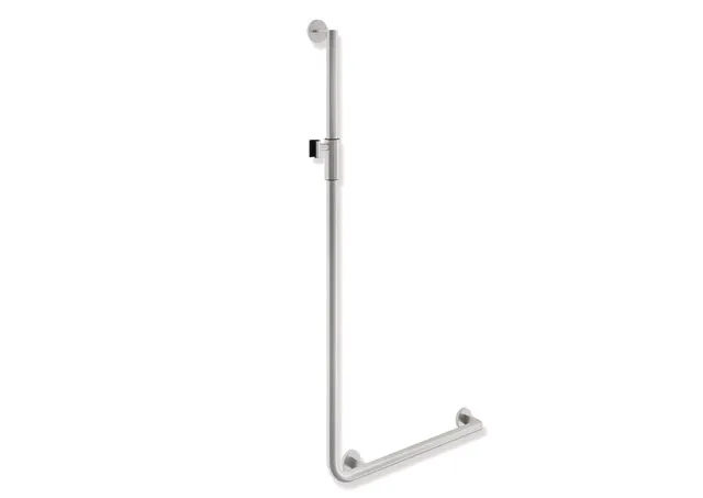 Winkelgriff mit Brausehalter, Edelstahl, schliff, waagerechte Länge 600 mm, senkrechte Länge 1250 mm, D: 32 mm, Ausführung rechts, mit magnetischem Brausehalter Winkelgriff mit Brausehalter, Edelstahl, schliff, waagerechte Länge 600 mm, senkrechte Länge 1250 mm, D: 32 mm, Ausführung rechts, mit magnetischem Brausehalter