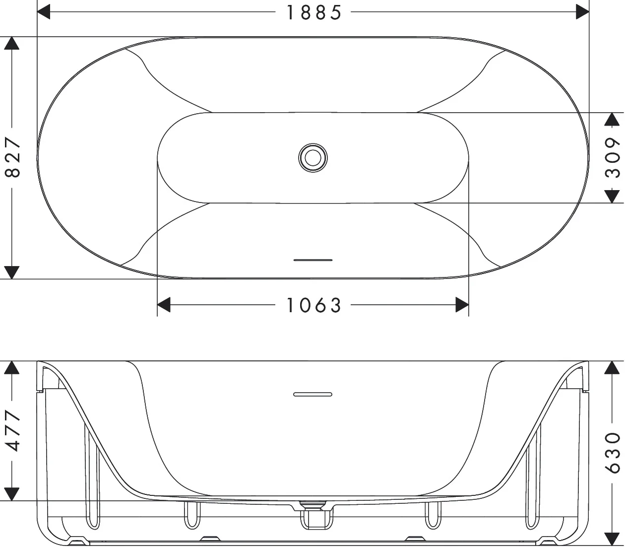 Hansgrohe AXOR Suite Badewanne, freistehend, weiß-chrom, 1900 x 850 mm, Einstiegshöhe 631 mm, Füllhöhe ca. 355 mm, Liegefläche 1685 x 627 mm