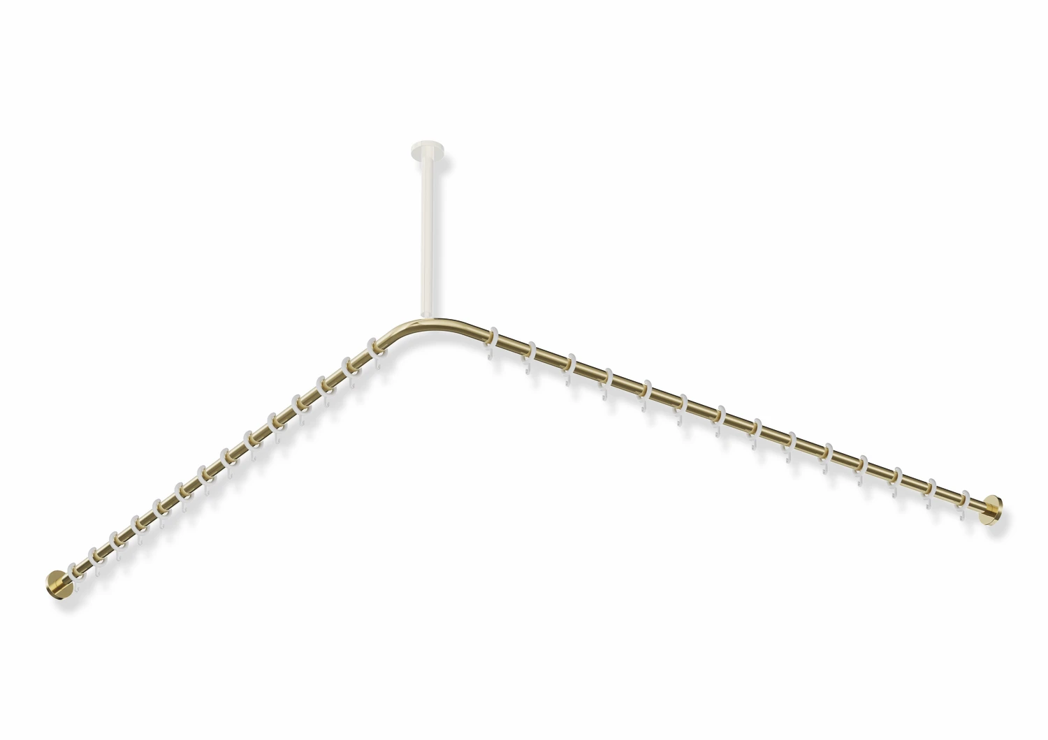 Vorhangstange des Systems 900, Edelstahl, PVD, Achsmaß 1487 x 1487 mm, kürzbar, D: 25 mm, mit 28 Vorhangringen aus POM, in Farbe CK (Messing glänzend)