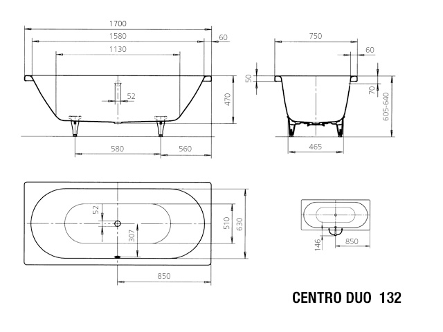 Kaldewei rechteck Badewanne „Centro Duo“ 170 × 75 cm in alpinweiß, / 
