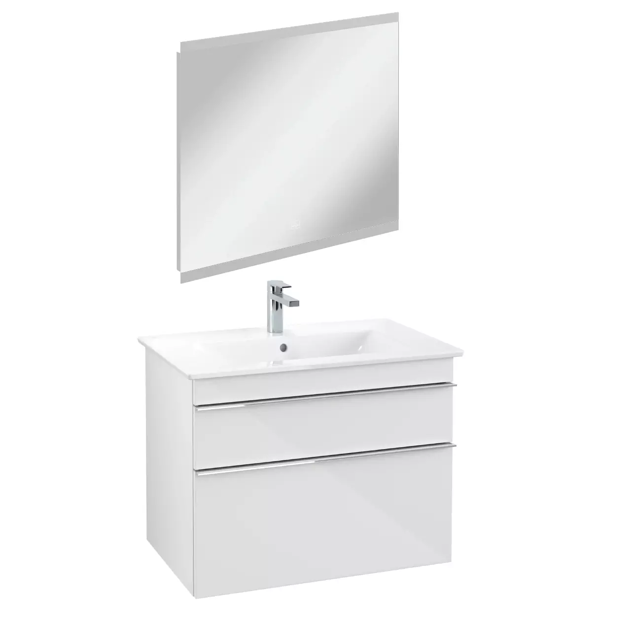 Möbelset aus Venticello Waschtisch, Unterschrank in Glossy White und Spiegel mit Beleuchtung