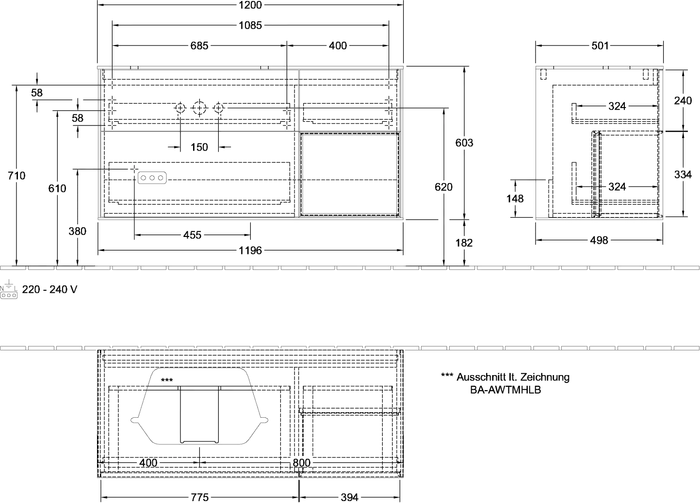 Villeroy & Boch Waschtischunterschrank „Finion“ für Schrankwaschtisch 1200 × 603 × 501 mm Anthracite Matt Lacquer, für Becken links