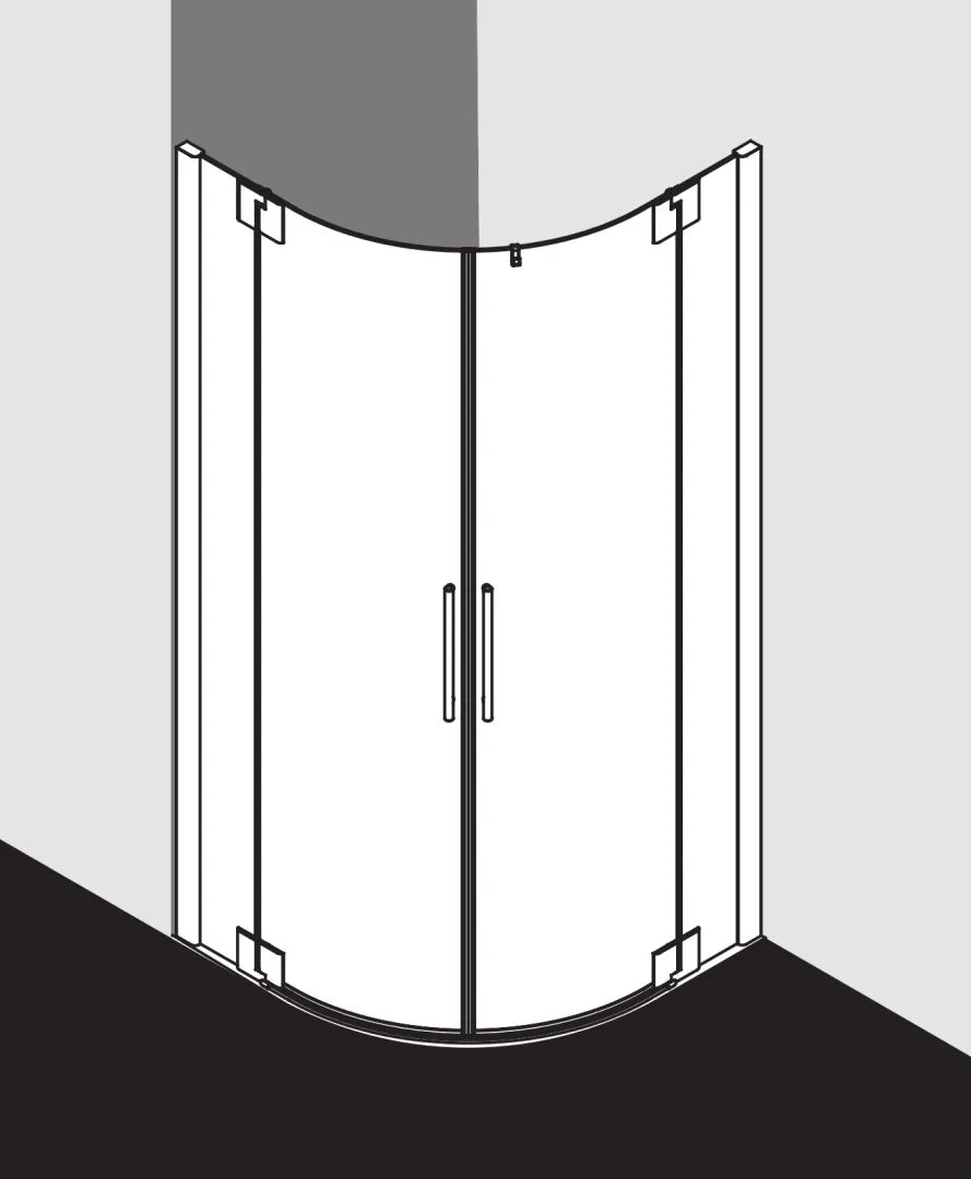 PASA XP PXP55 Viertelkreis-Duschkabine (Pendeltüren mit Festfeldern), Höhe 2000 mm, Wanneneinbaumaß 880-910 mm, Breitenverstellmaß 870-900 mm, Glasaußenkante 855-885 mm, Farbe Silber Mattglanz, Glas ESG Klar