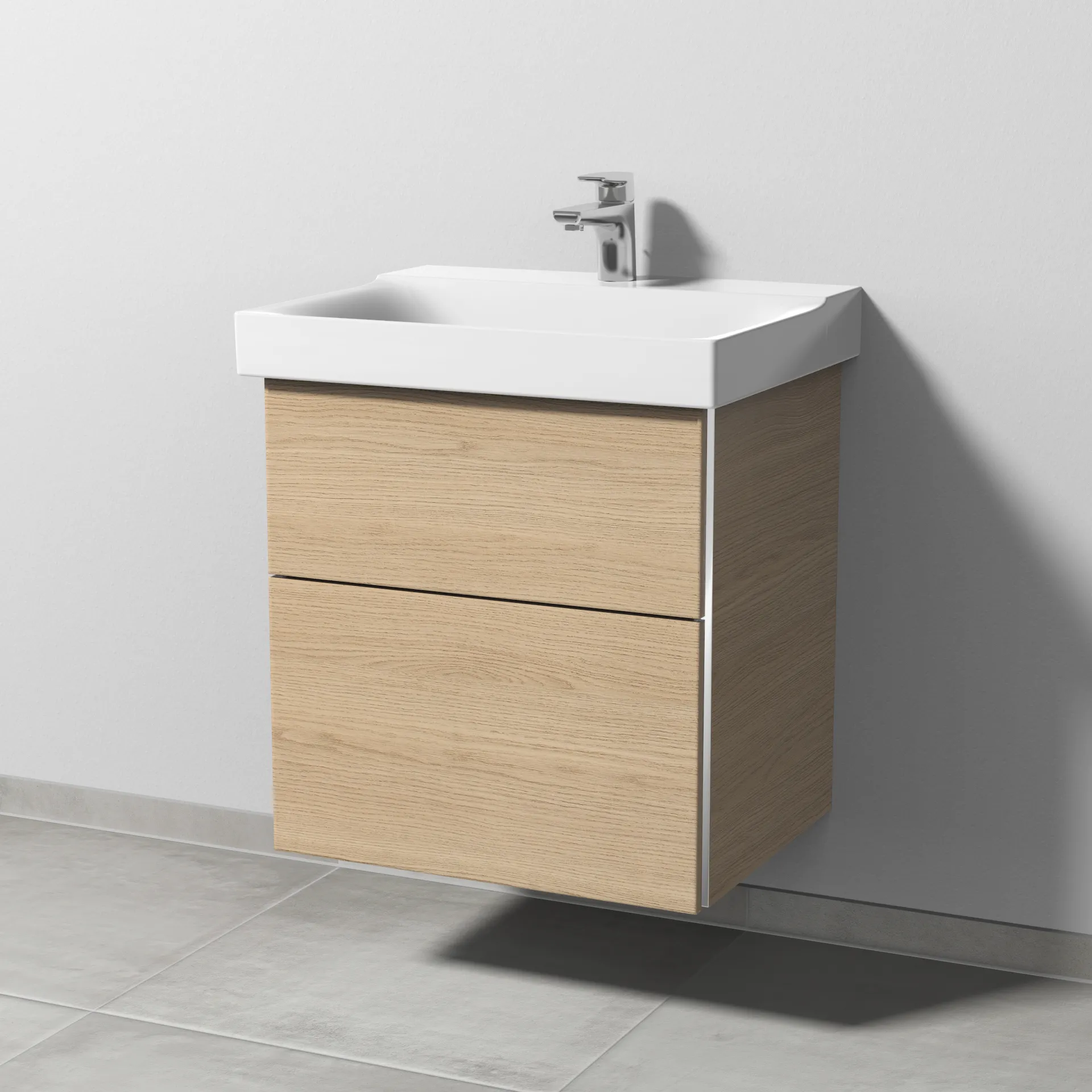 Sanipa Waschtischunterschrank „3way“ passend zu Keramik-Waschtische Xeno2 von Geberit 550 × 593 × 452 mm in Eiche Nordic, Becken mittig