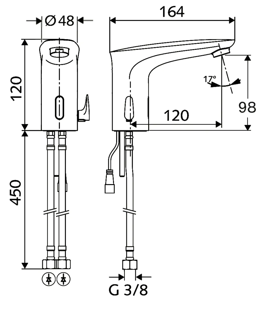 Waschtisch-Armatur MODUS E, Elektronisch, HD-M - Hochdruck Mischwasser, Infrarot, Steckernetzteil 6 VDC, 100 - 240 VAC, 50 - 60 Hz, 2x G 3/8 IG, chrom