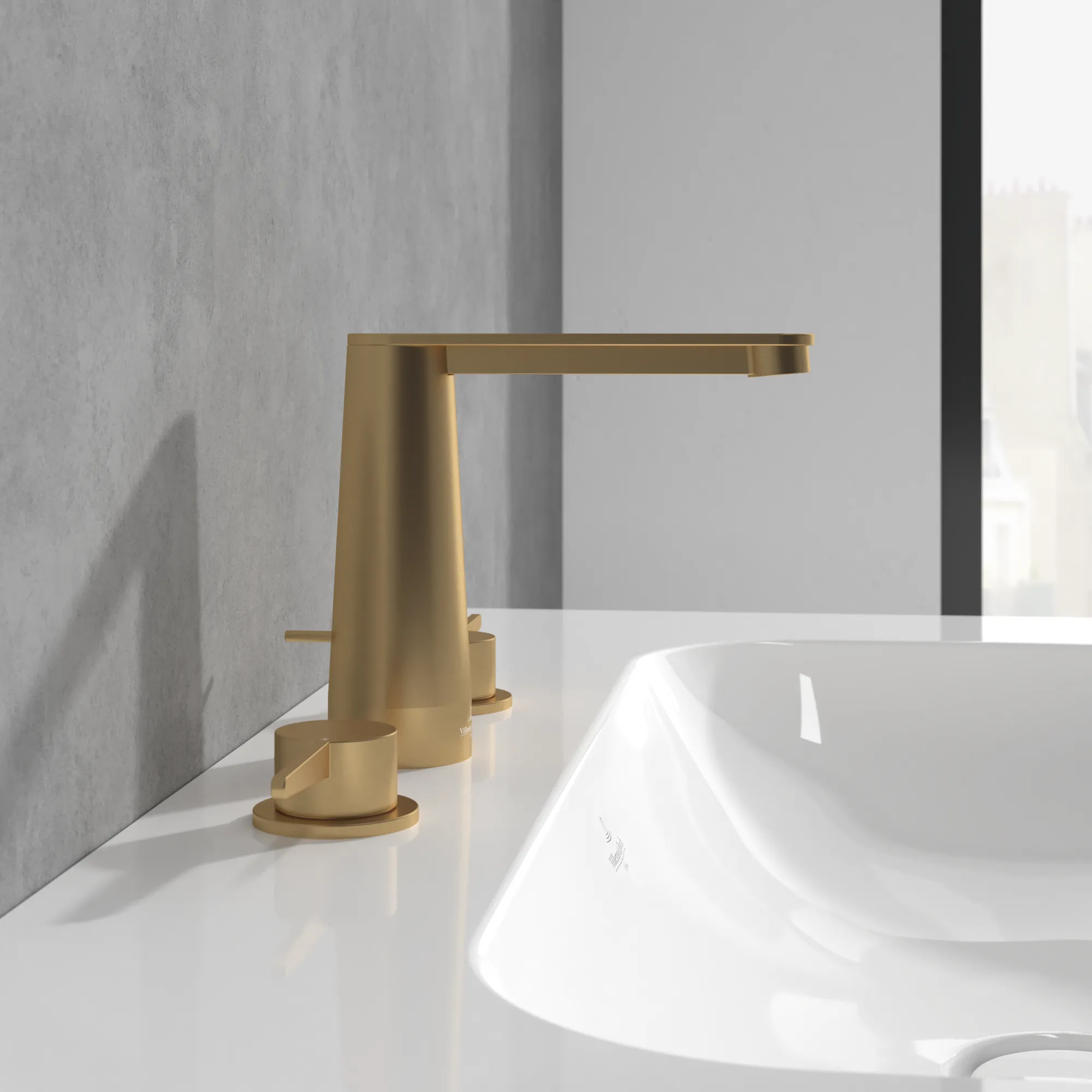 Villeroy & Boch Conum Dreiloch-Waschtischarmatur, Brushed Gold, 440x165x144mm, Keramikkartusche, Laminarstrahl, SmartPressure Villeroy & Boch Conum Dreiloch-Waschtischarmatur, Brushed Gold, 440x165x144mm, Keramikkartusche, Laminarstrahl, SmartPressure