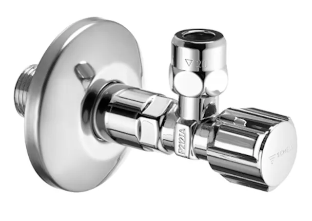 Eckventil mit Regulierfunktion COMFORT, COMFORT-Griff, Schubrosette Ø 63 mm, DN 15 G 1/2 AG, Ø 10 mm (DN 10 G 3/8 AG), chrom