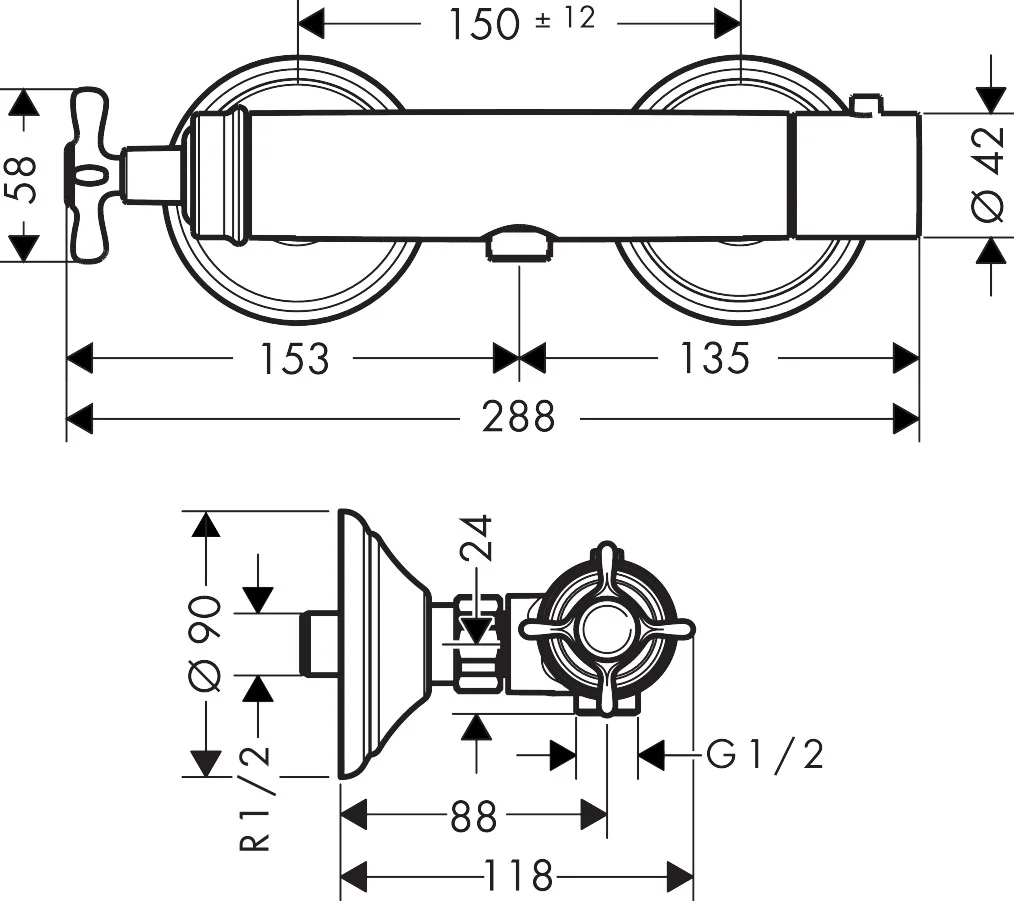 Hansgrohe AXOR Montreux Thermostatmischer Aufputz, Chrom, 150 ± 12 mm, DN15 S-Anschlüsse, max. Durchfluss 16 l/min bei 3 bar Hansgrohe AXOR Montreux Thermostatmischer Aufputz, Chrom, 150 ± 12 mm, DN15 S-Anschlüsse, max. Durchfluss 16 l/min bei 3 bar
