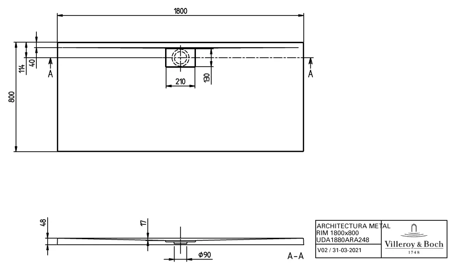 Villeroy & Boch rechteck Duschwanne „Architectura MetalRim“ 180 × 80 cm mit Antirutsch (VILBOgrip), in Weiß Alpin