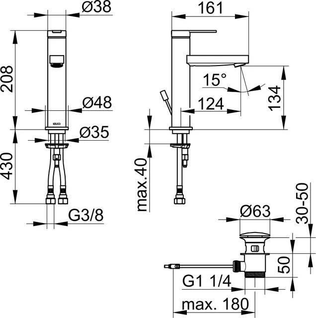 IXMO 59501373001 Einhebel-Waschtischmischer 130 mit Zugstangen-Ablaufgarnitur IXMO Flat, Rosette rund schwarz matt