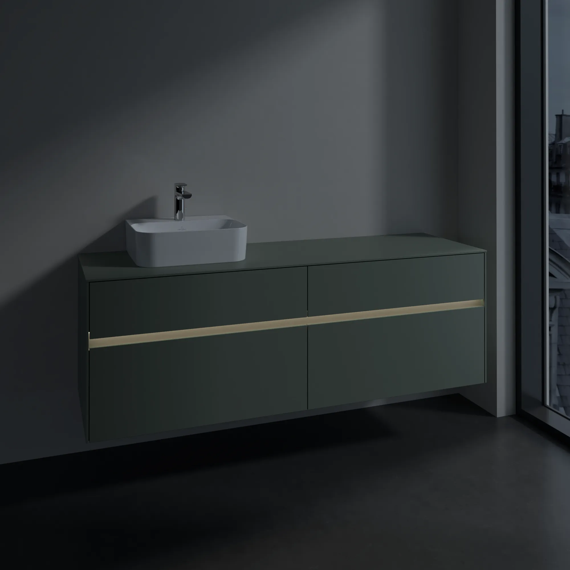 Villeroy & Boch Waschtischunterschrank „Collaro“ 1600 × 548 × 500 mm Soft Green, mit Beleuchtung, für Becken links Villeroy & Boch Waschtischunterschrank „Collaro“ 1600 × 548 × 500 mm Soft Green, mit Beleuchtung, für Becken links