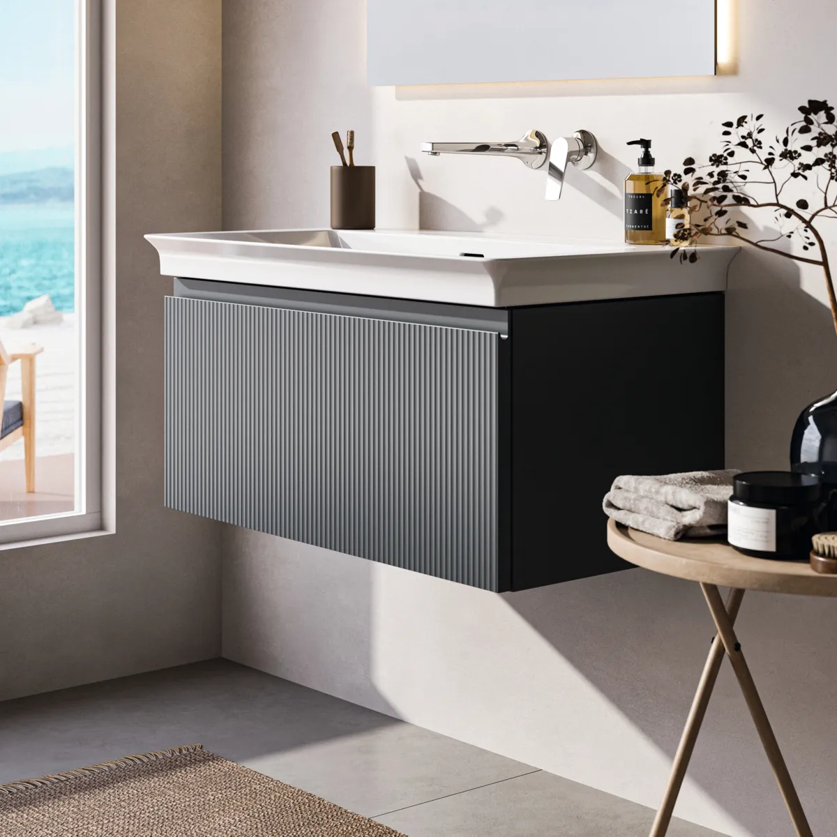 Ideal Standard Möbelwaschtischunterschrank Finesse Aschblau matt 800x440x375 mm 1 Schublade Softclose Wandhängend