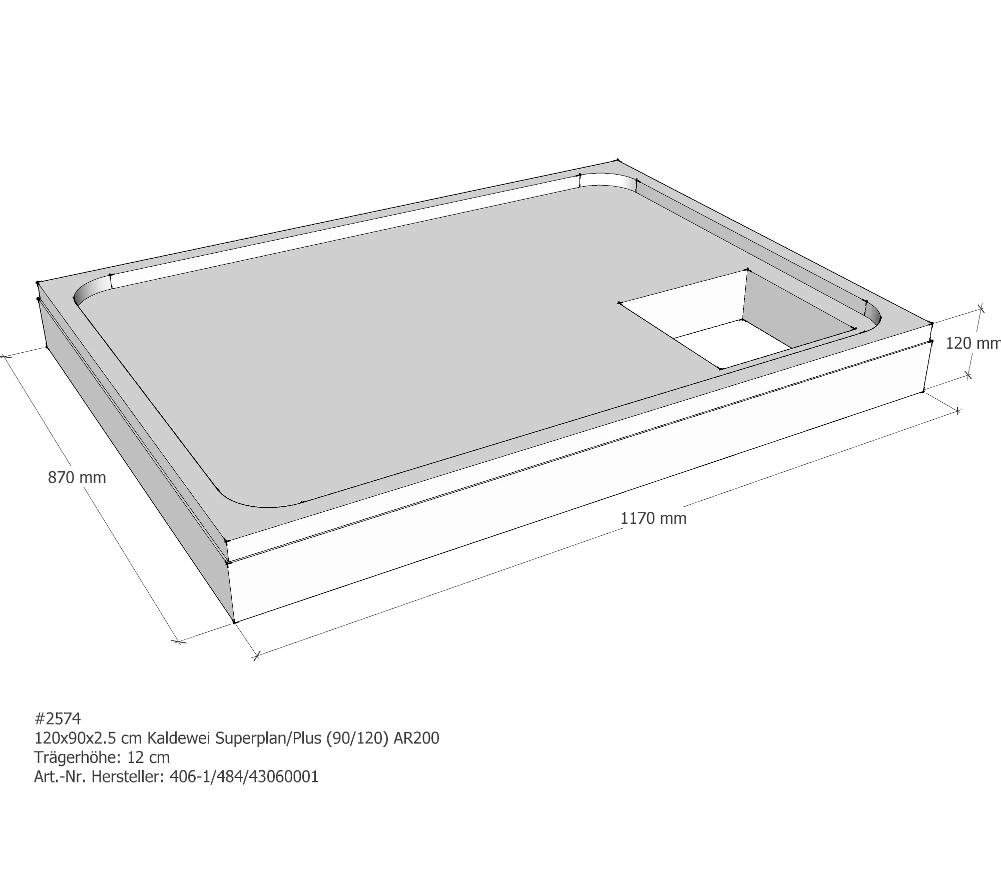 Duschwannenträger für Kaldewei Superplan (Plus) 90 × 120 × 2,5 cm Breite: 120 cm / Länge: 90 cm