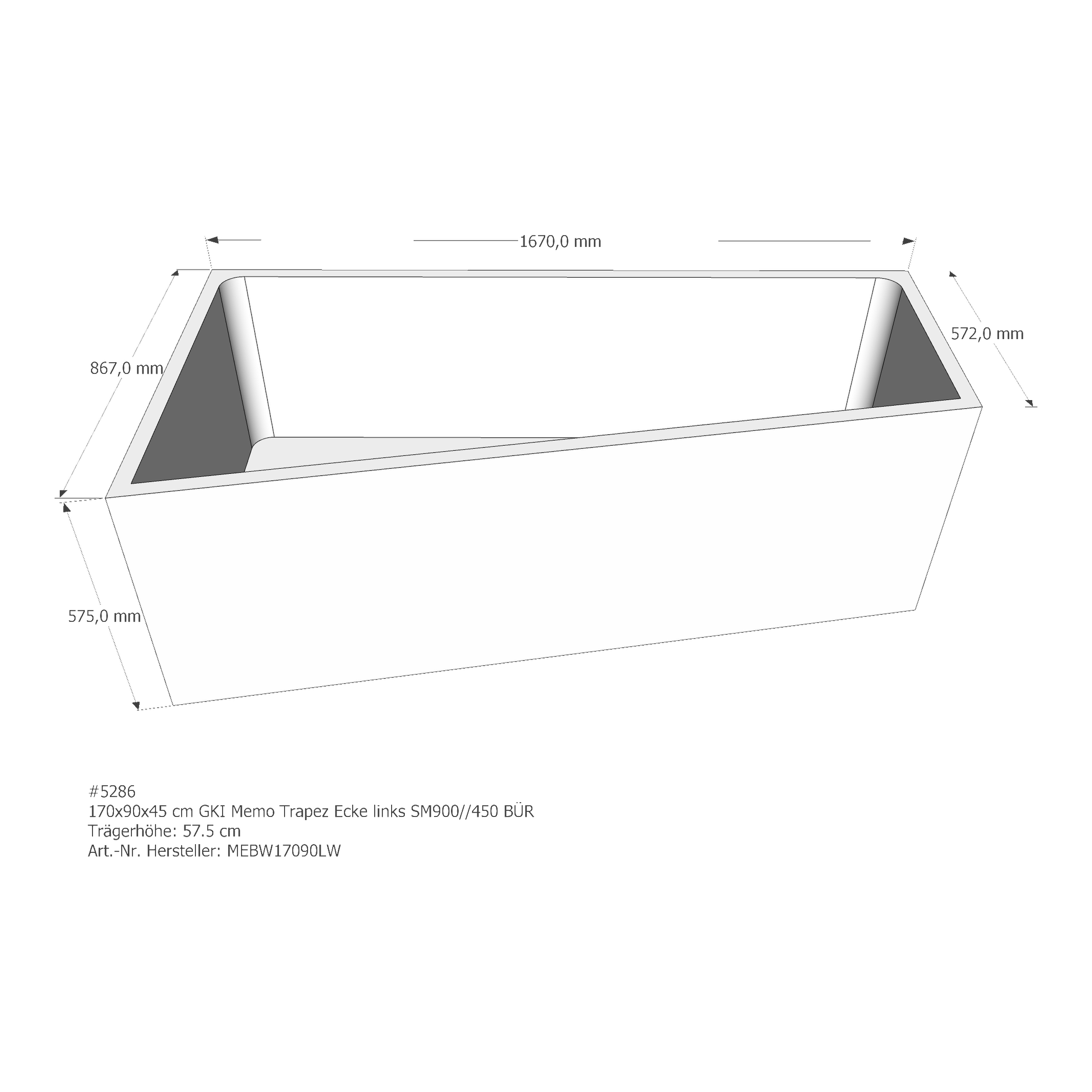 Duschwannenträger für GKI Memo Trapez Ecke links 170 × 90 × 45 cm