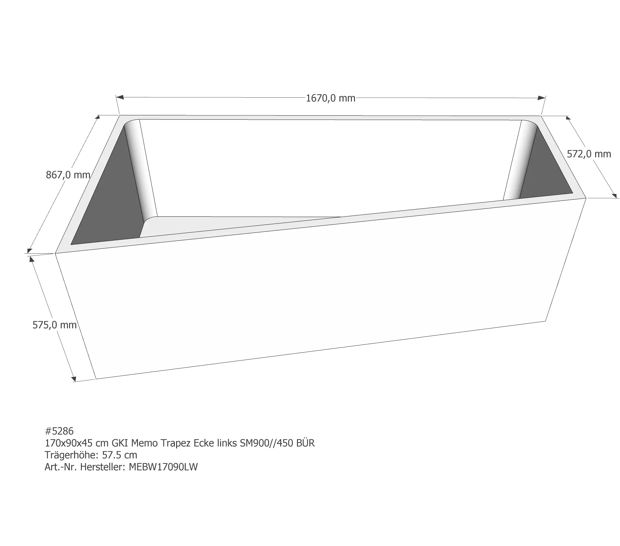 Duschwannenträger passend für GKI Memo Trapez Ecke links 170 × 90 × 45 cm