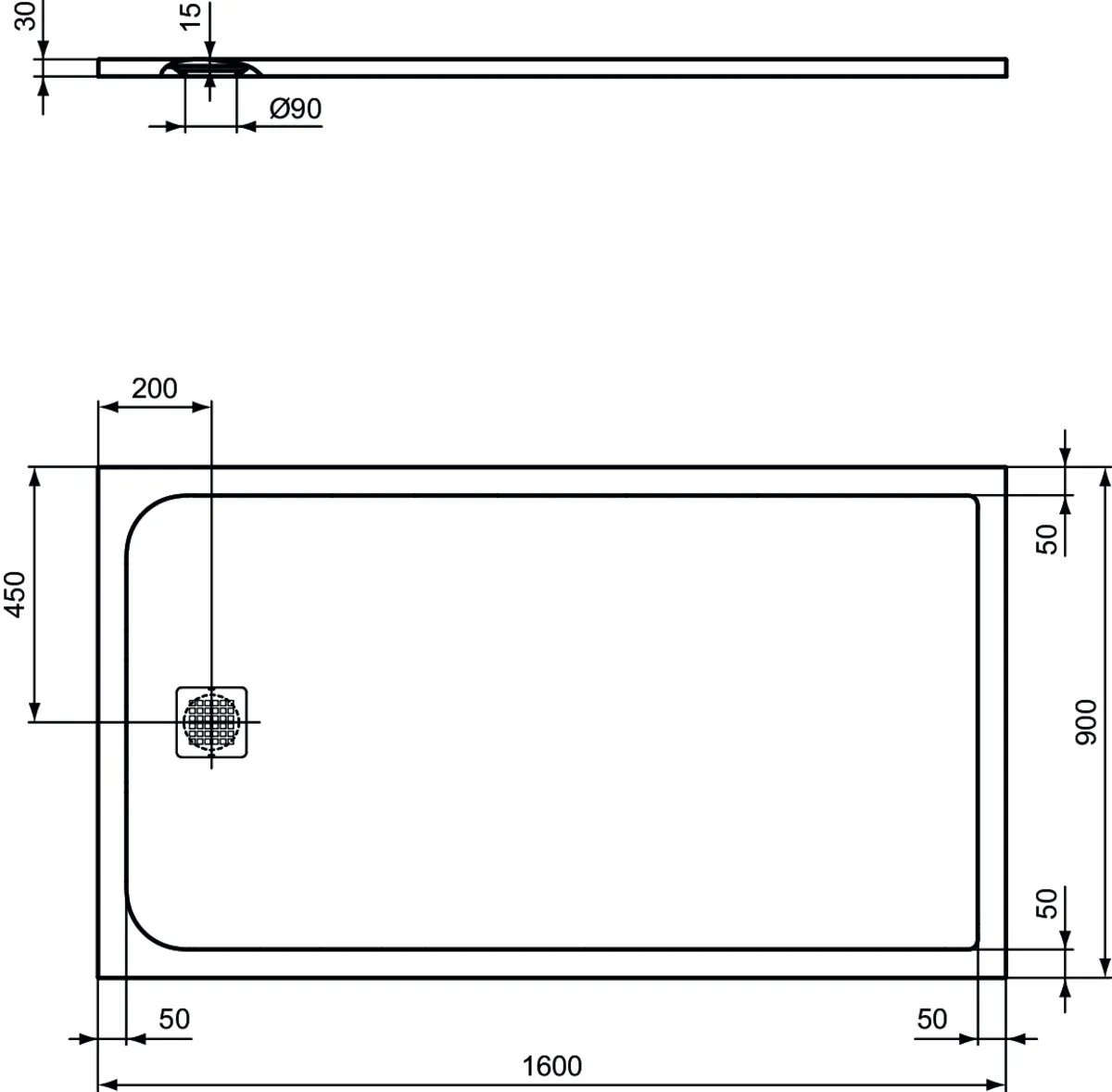 Ideal Standard Duschwanne „UltraFlatS“ 90 × 160 cm in Carraraweiß