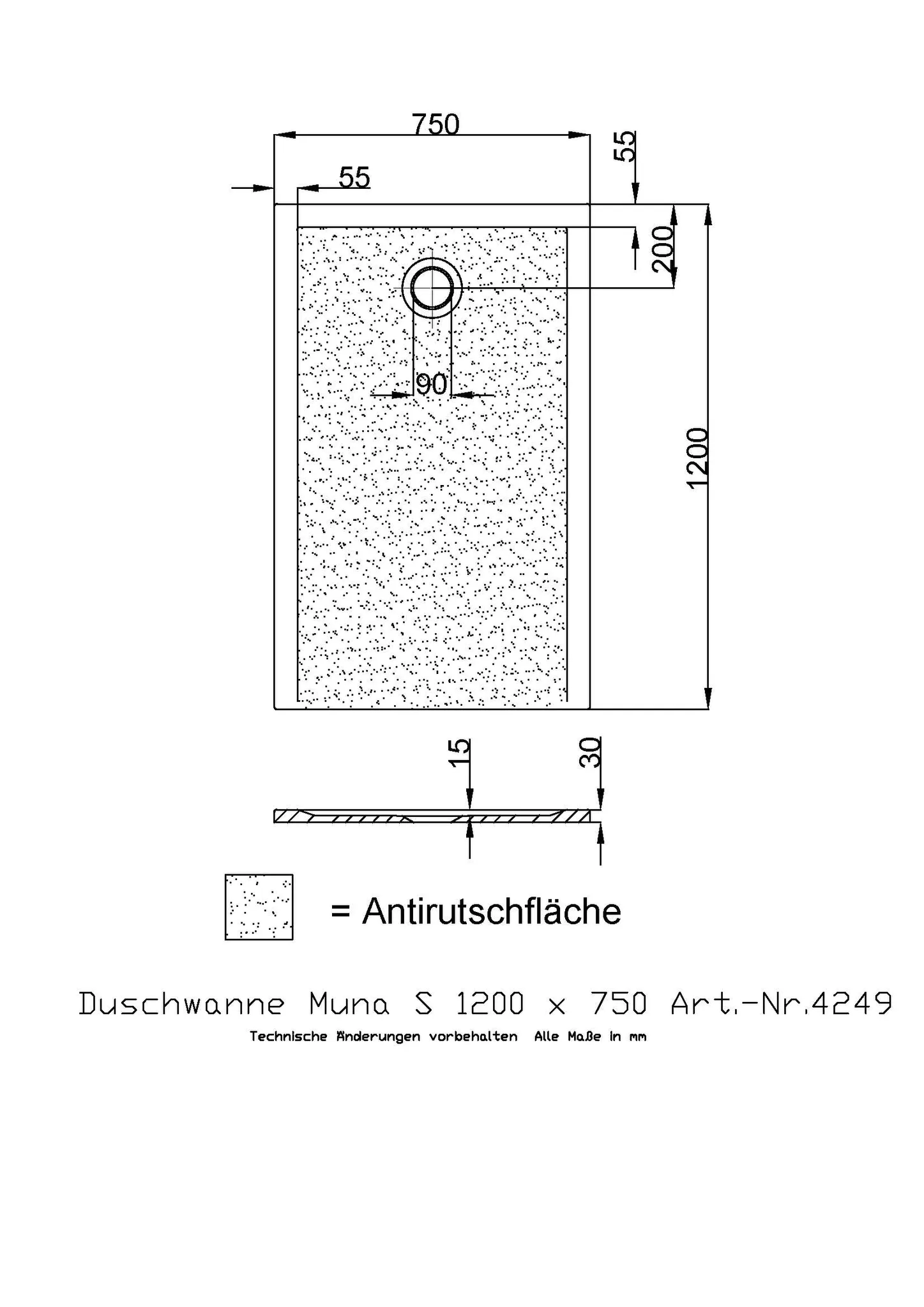 Duschwanne „Muna S“ Rechteck 120 × 75 cm in Steingrau