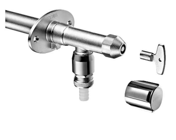 Außenwandarmatur POLAR II, Frostsicher, Rückflussverhinderer RV, Rohrbelüfter RB, DN 15 G 1/2 AG, Schlauchverschraubung Ø 14,5 mm (DN 20 G 3/4 AG), mattchrom