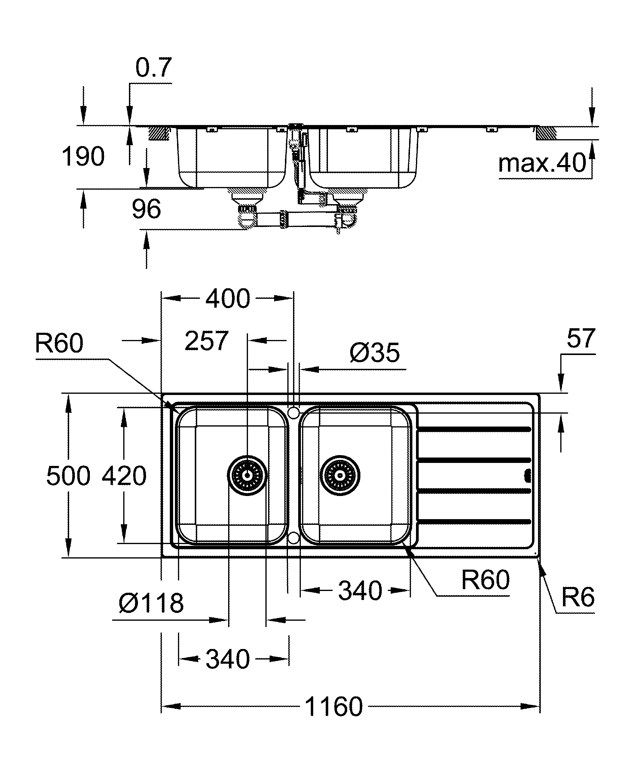 Edelstahlspüle K500 31588_1, mit Abtropffläche, Modell: K500 80-S 116/50 2.0 rev, Montageart: aufliegend oder flächenbündig, Maße: 1160 x 500 mm, 2 Becken: 340 x 420 x 190 mm, edelstahl