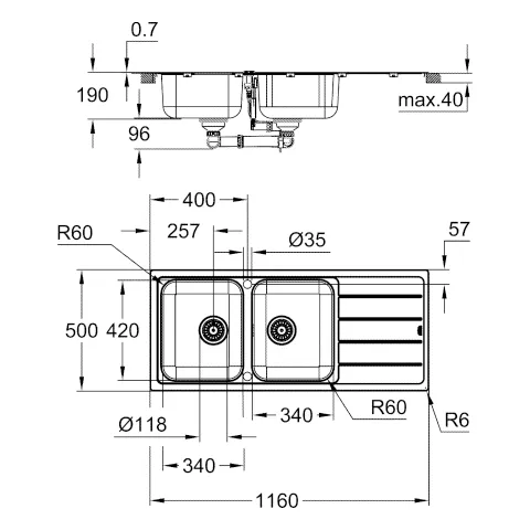 Edelstahlspüle K500 31588_1, mit Abtropffläche, Modell: K500 80-S 116/50 2.0 rev, Montageart: aufliegend oder flächenbündig, Maße: 1160 x 500 mm, 2 Becken: 340 x 420 x 190 mm, edelstahl Edelstahlspüle K500 31588_1, mit Abtropffläche, Modell: K500 80-S 116/50 2.0 rev, Montageart: aufliegend oder flächenbündig, Maße: 1160 x 500 mm, 2 Becken: 340 x 420 x 190 mm, edelstahl