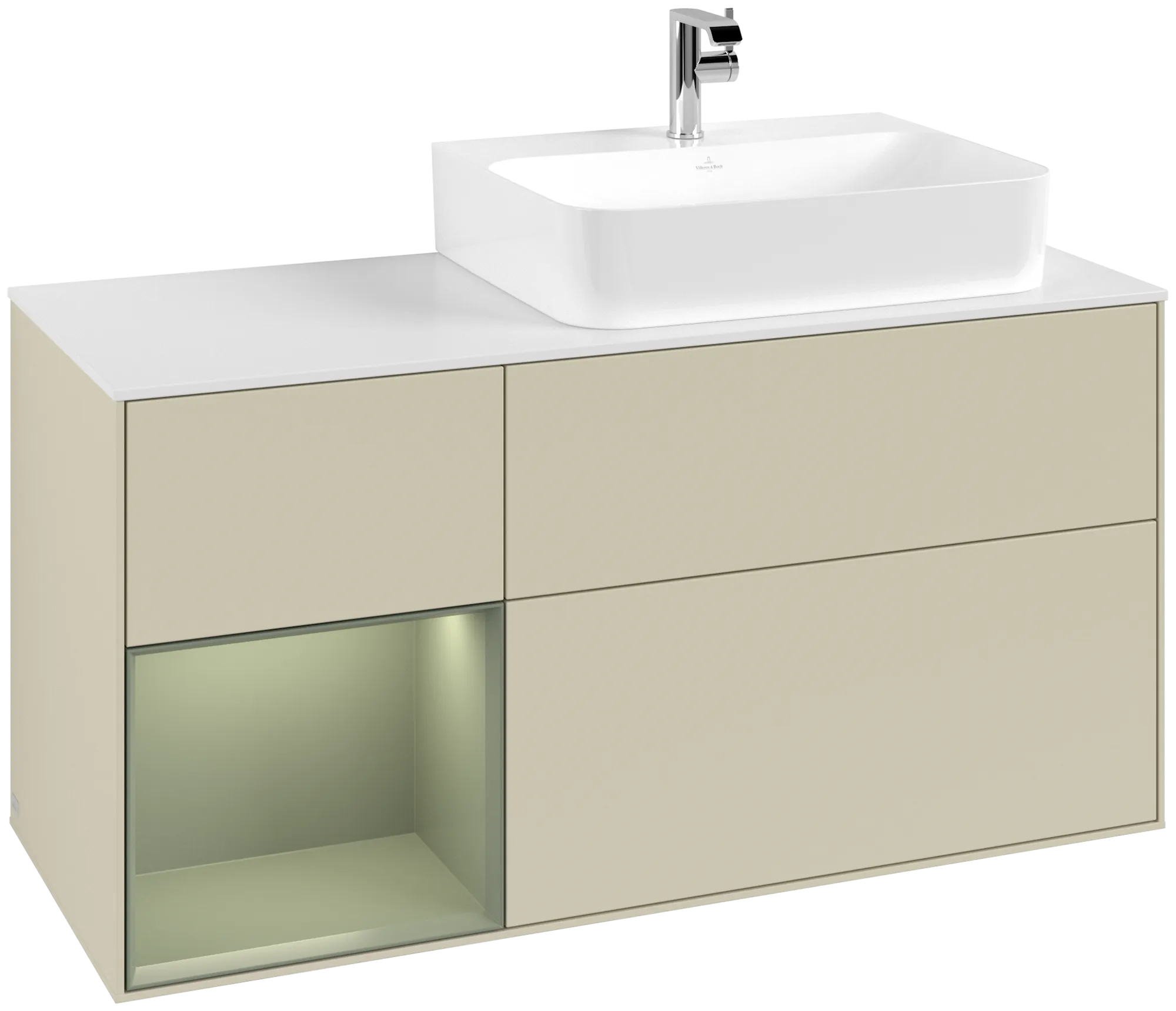 Villeroy & Boch Finion Waschbeckenunterschrank G14, 1200x603x501mm, mit Beleuchtung, 3 Auszüge, Silk Grey Matt Lacquer / Olive Matt Lacquer / Glass