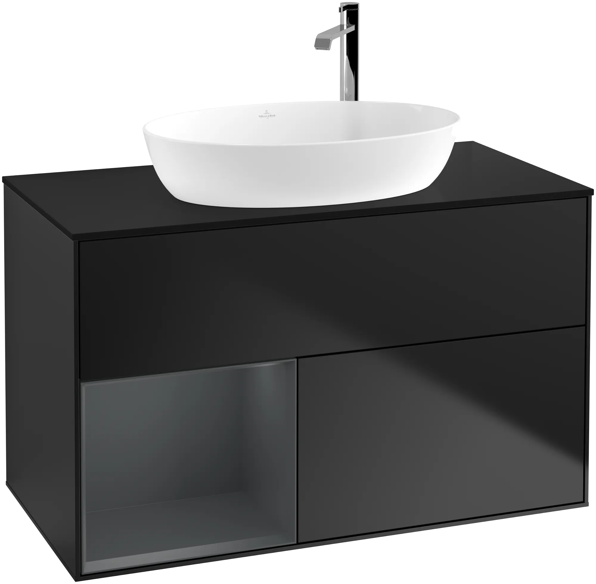 Villeroy & Boch Waschbeckenunterschrank Finion F89, 1000x603x501 mm, Black Matt Lacquer mit Midnight Blue Regal, Beleuchtung dimmbar, SoftClosing, Push-to-open, 2 Auszüge