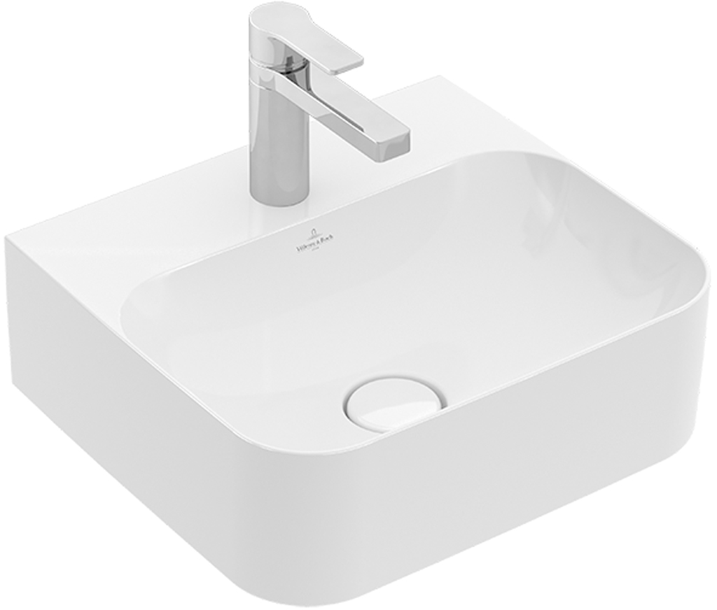 Handwaschbecken „Finion“, ohne Überlauf, mit Hahnlochbohrung 43 × 39 cm in Weiß Alpin mit CeramicPlus