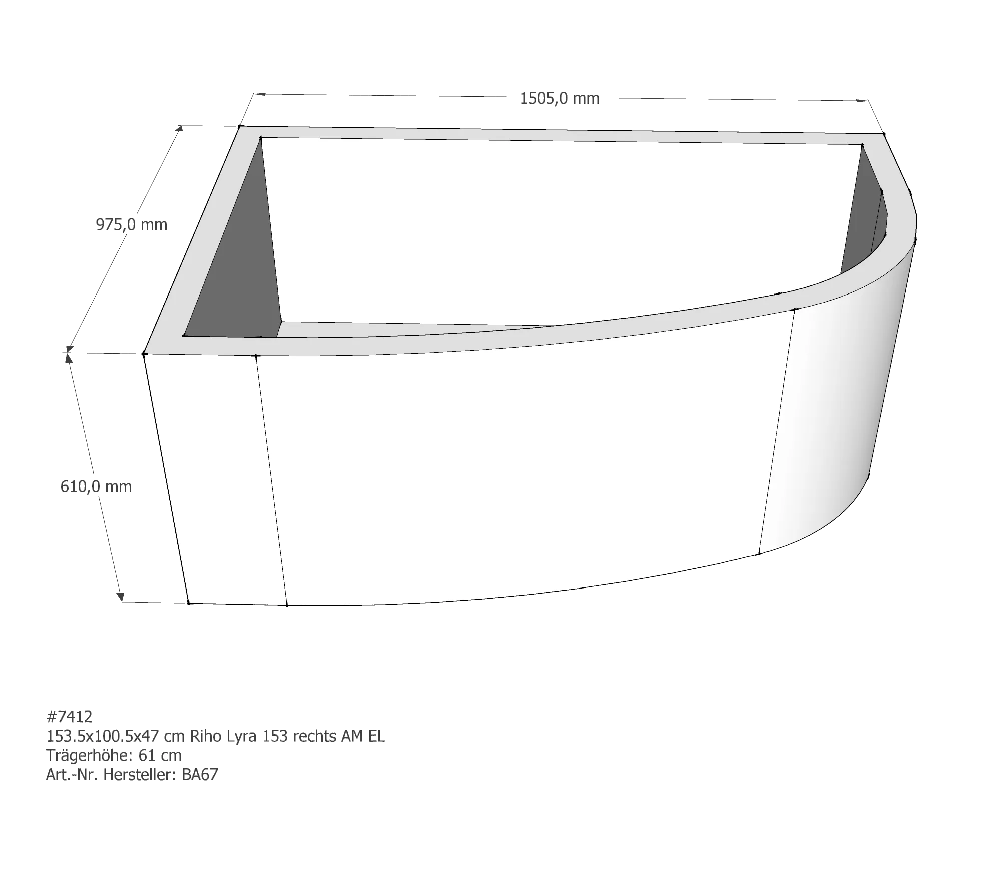 Badewannenträger für Riho Lyra 153 rechts rechts 153,5 × 100,5 × 47 cm