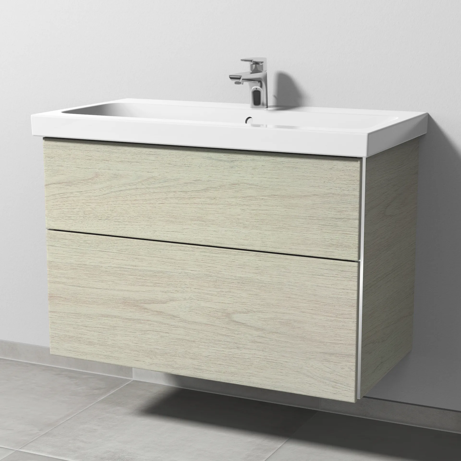 Sanipa Waschtischunterschrank „3way“ passend zu Keramik-Waschtische iCon Light von Geberit 850 × 591 × 462 mm in White Oak, Becken mittig, mit