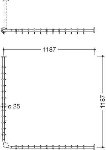 Vorhangstange des Systems 900, Edelstahl, PVD, Achsmaß 1187 x 1187 mm, kürzbar, D: 25 mm, mit 24 Vorhangringen aus POM, in Farbe CK (messing glänzend) Vorhangstange des Systems 900, Edelstahl, PVD, Achsmaß 1187 x 1187 mm, kürzbar, D: 25 mm, mit 24 Vorhangringen aus POM, in Farbe CK (messing glänzend)