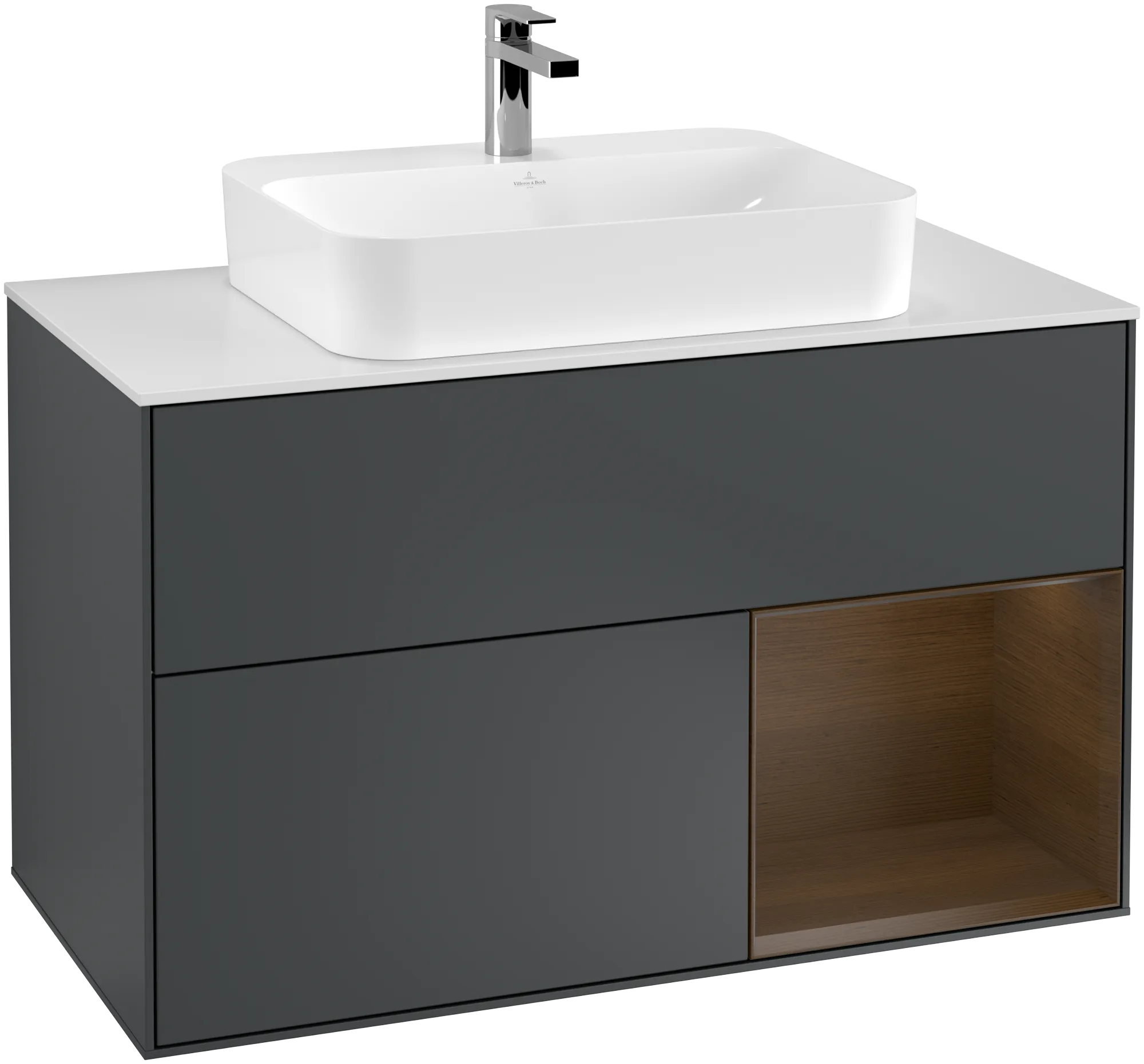 Villeroy & Boch Finion Waschbeckenunterschrank F37, 1000 x 603 x 501 mm, Midnight Blue Matt Lacquer / Walnut Veneer / Glass White Matt